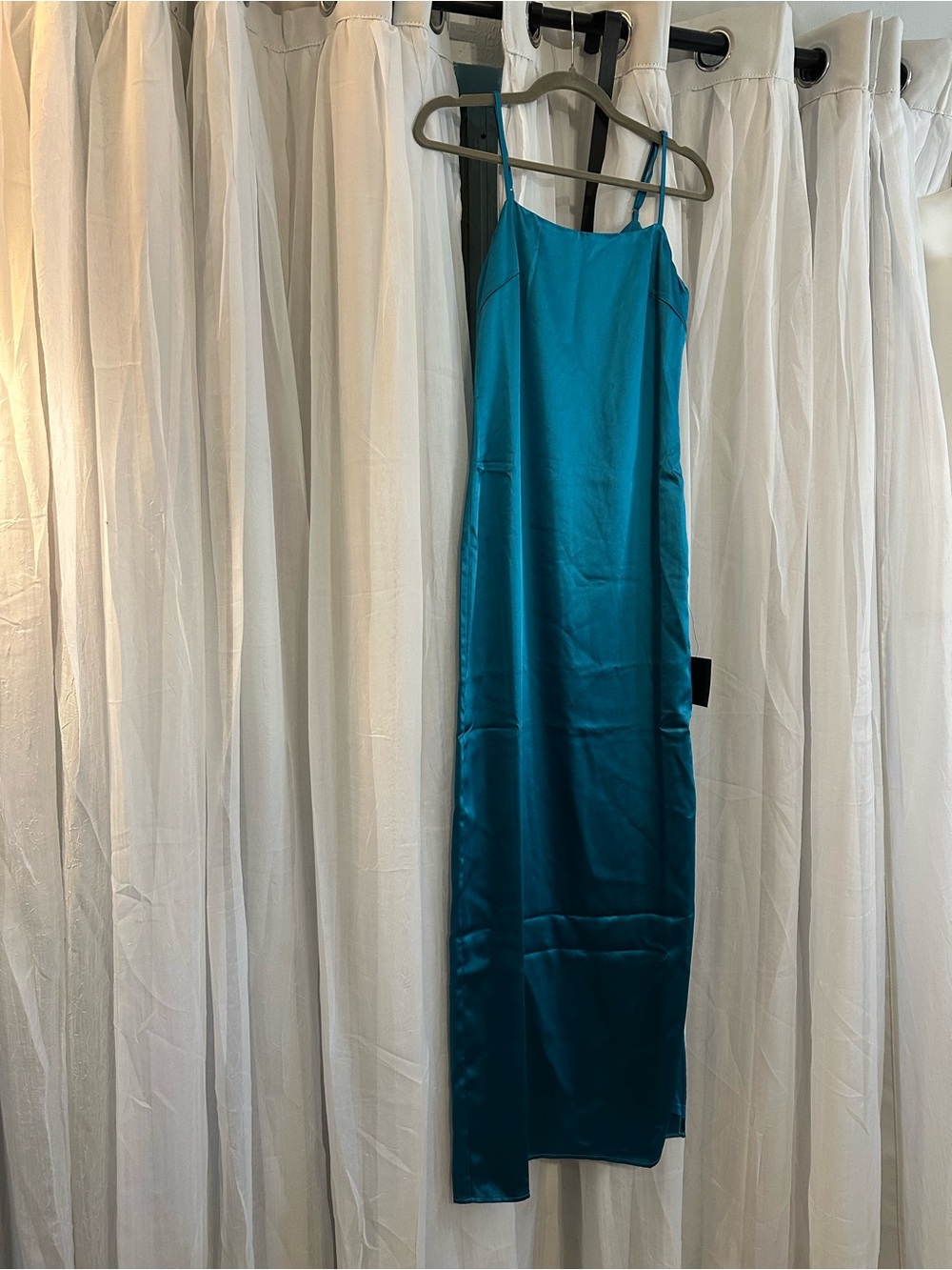 Lulu's Teal Maxi Dress with side slit and adjustable straps. Lined. - Picture 3 of 11